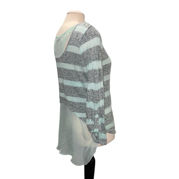 Almost Famous Womens Sheer Back Striped Long Sleeve Top Sz Large Gray & Mint Lig - Picture 5 of 10